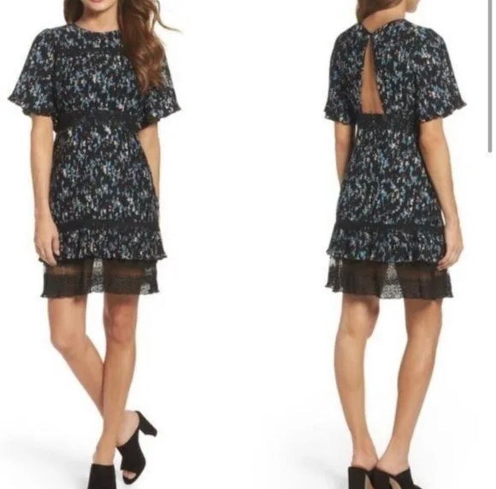 Chelsea28 Black floral lace trim Pleated dress XS